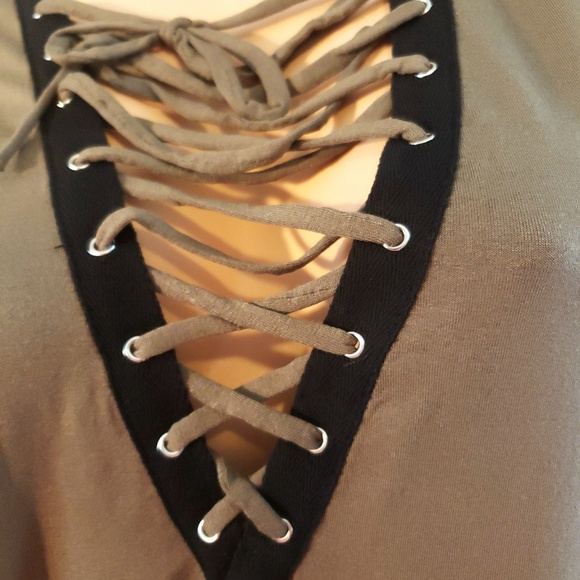 Olive Lace up Jersey Top - Picture 3 of 4